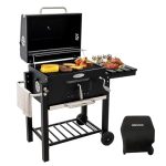 HOMAVO Holzkohlegrill, Klappbarer Grill mit Deckel, Grillfläche 56×42,5 cm, Höhenverstellbarer Kohlekorb, Klappbarer Seitentisch und Schutzhülle inklusive