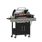 Aoxun 4+1 Brenner Propangasgrill mit Seitenbrenner, 49.000 BTU-Gasgrill, Edelstahl Außengrill mit Gusseisenrosten und Seitentischen für den Garten, die Terrasse und zum Camping, schwarz