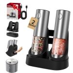 CIRCLE JOY Wiederaufladbares Elektrische Salz und Pfeffermühle Set aus Edelstahl mit Ladestation, 95ml Behälter, Weißem LED-Licht, Extern Einstellbare Rauheit und 2 Schleifgeschwindigkeiten, Silber