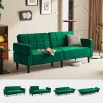 LINSY HOME Sofa mit Schlaffunktion, Schlafsofa mit Verstellbarer Rückenlehne Armlehnen, 3 Sitzer Sofa mit Bettfunktion aus Samtstoff, 230 x 100 cm Liegefläche, Ideal für Wohnu (Grün)